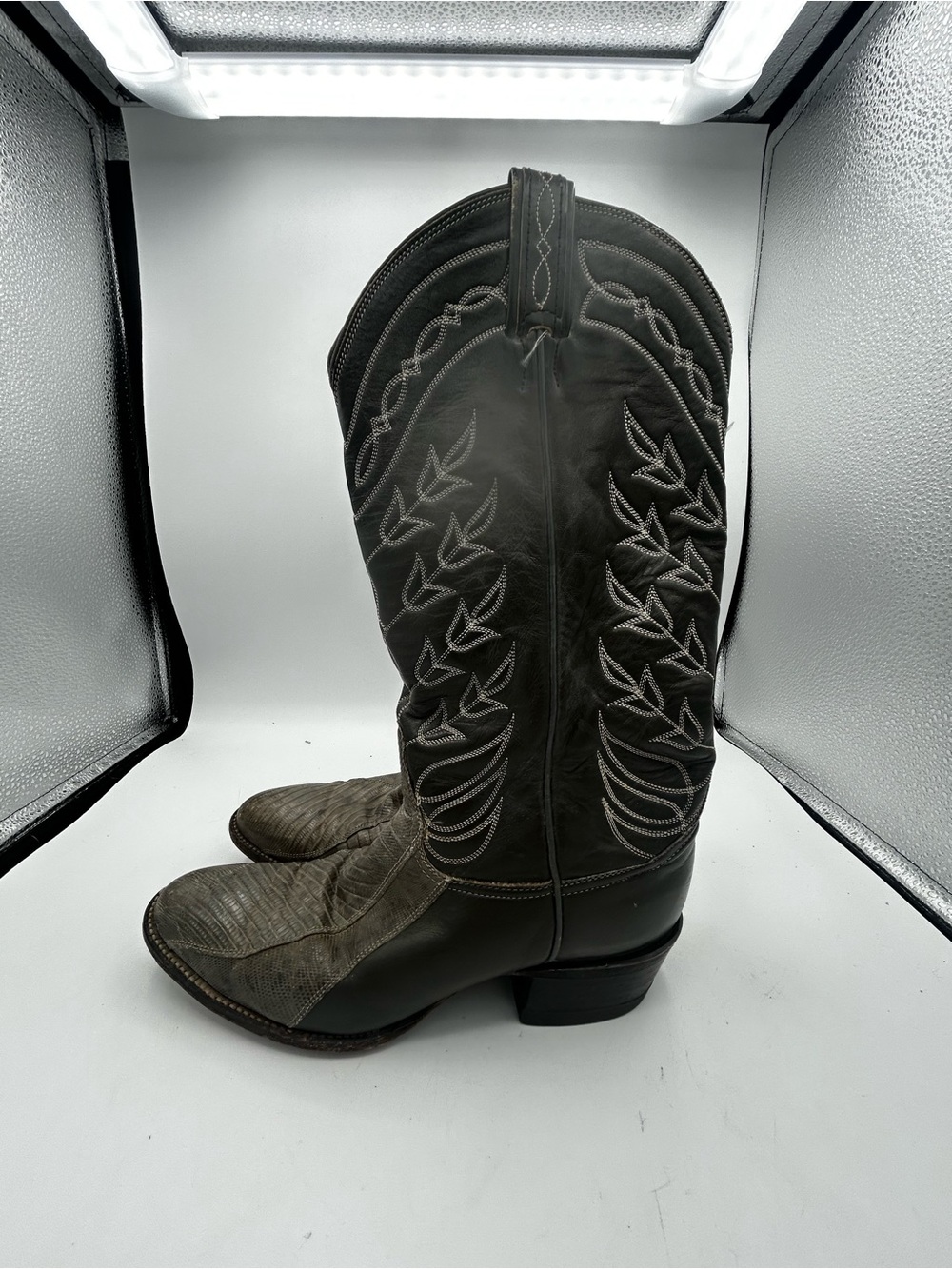 Vintage Tony Lama J4350 Gray Lizard Leather Western Cowboy Boots 7.5B